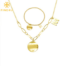 Gold Plated Letter M Charm Round Coin Pendant Necklace and Bracelet Jewelry Set Stainless Steel Modern Women Wedding Party Gift